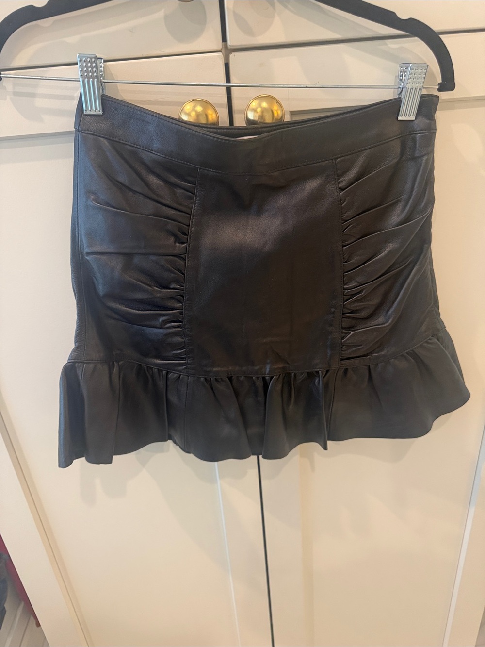 Parker Black Leather Ruffle-Hem Mini Skirt
